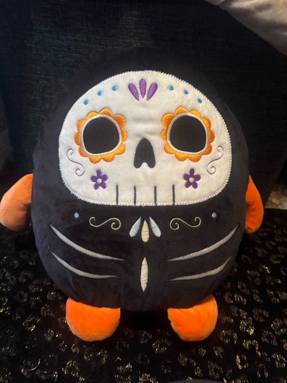 Plush Sugar Skull Day of the Dead Decorative Pillow - Black and Orange